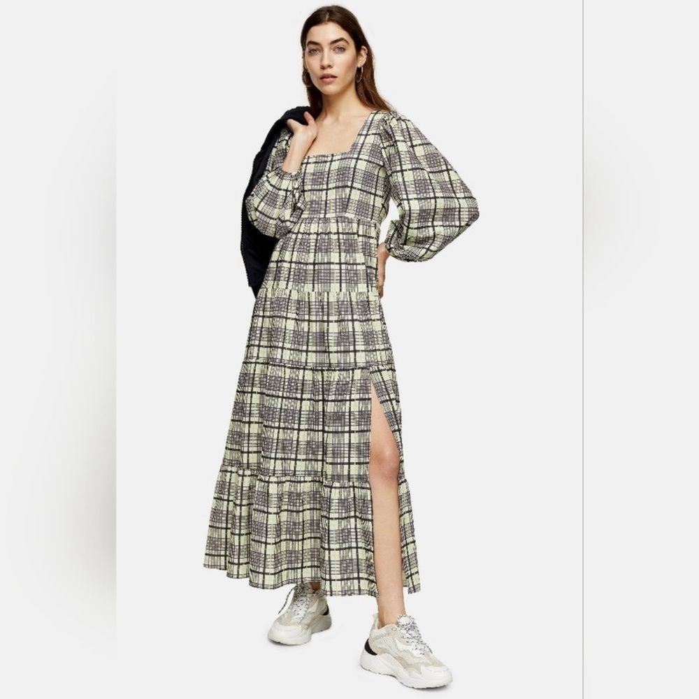 NWT Topshop Green Check Tiered Long Balloon Sleeve Midi Dress Size 4